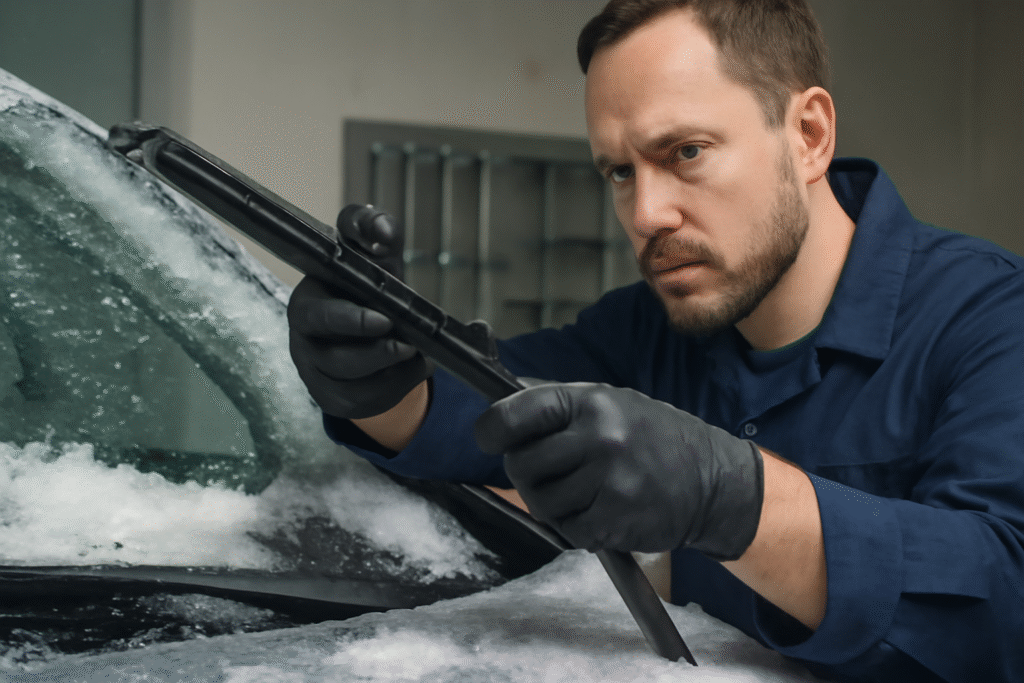 Mechanic removing icy wiper