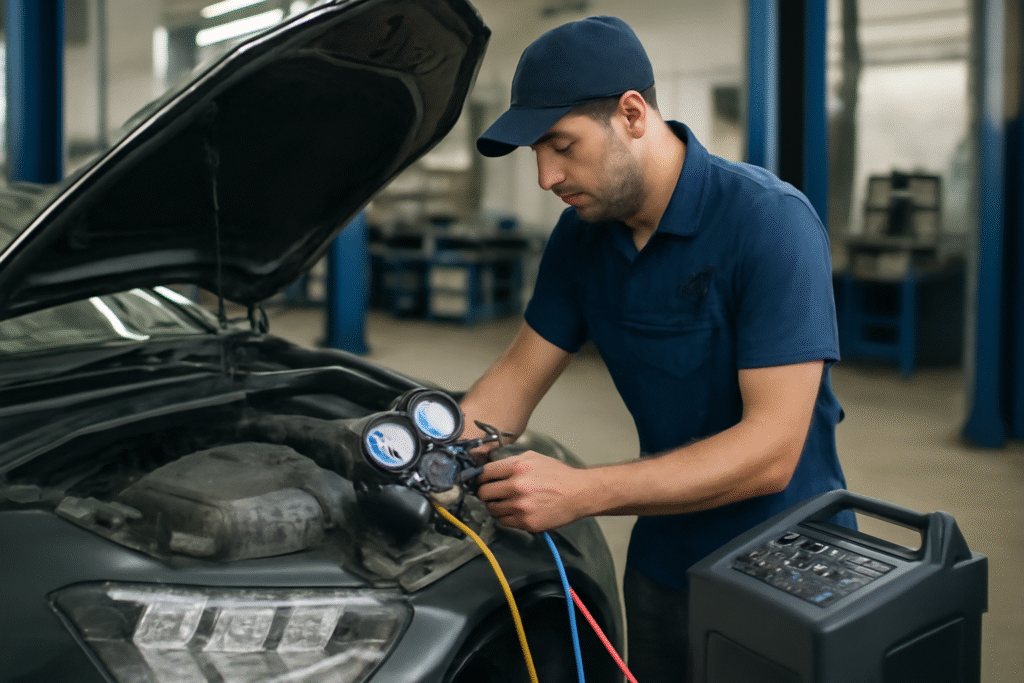 Mechanic servicing car AC