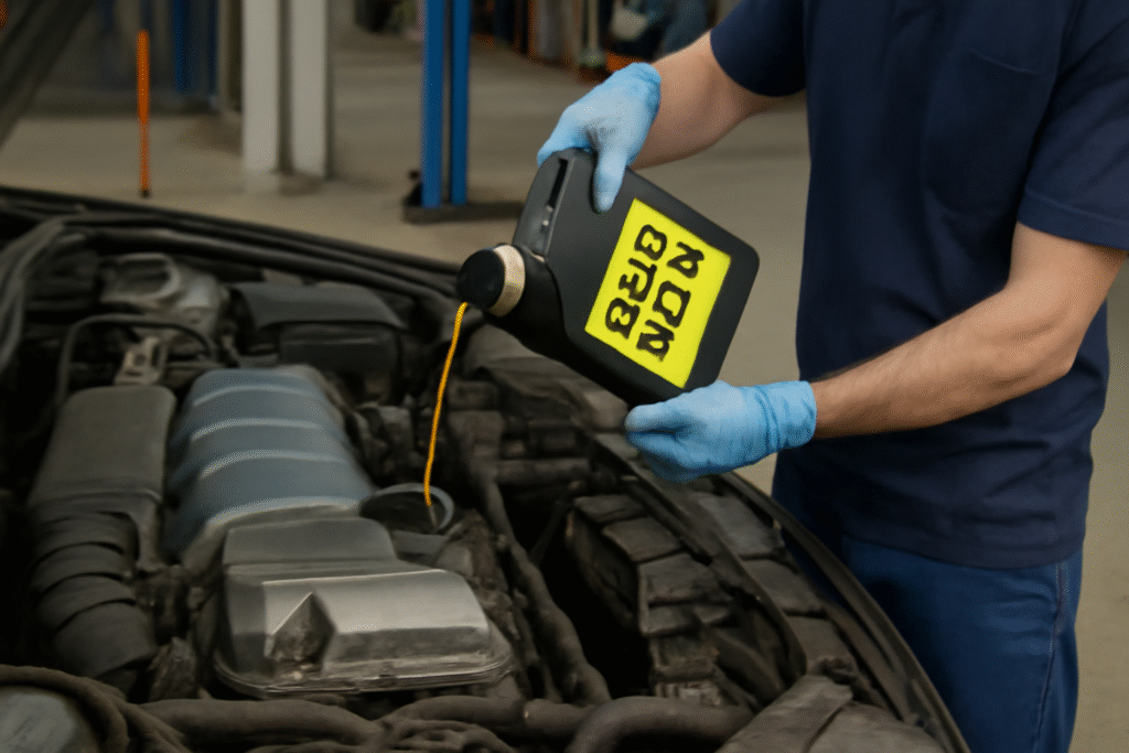 Mechanic adding engine oil