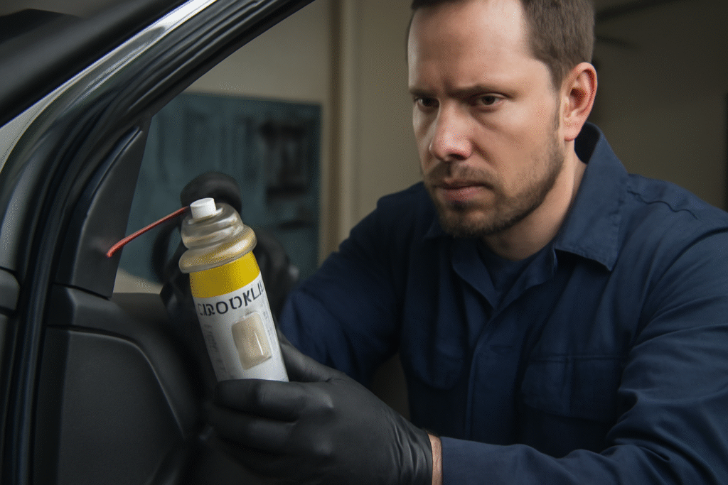 Mechanic applying car lubricant