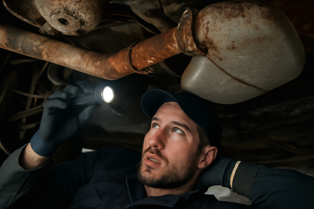Mechanic inspecting car underside