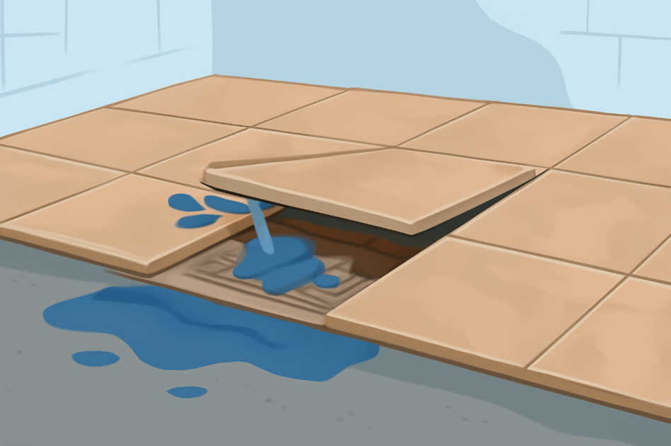 Illustration showing a tile floor with a lifted tile revealing water seeping underneath, causing damage to the adhesive and subfloor. The scene highlights the impact of moisture on tile adhesion in a bathroom or kitchen.