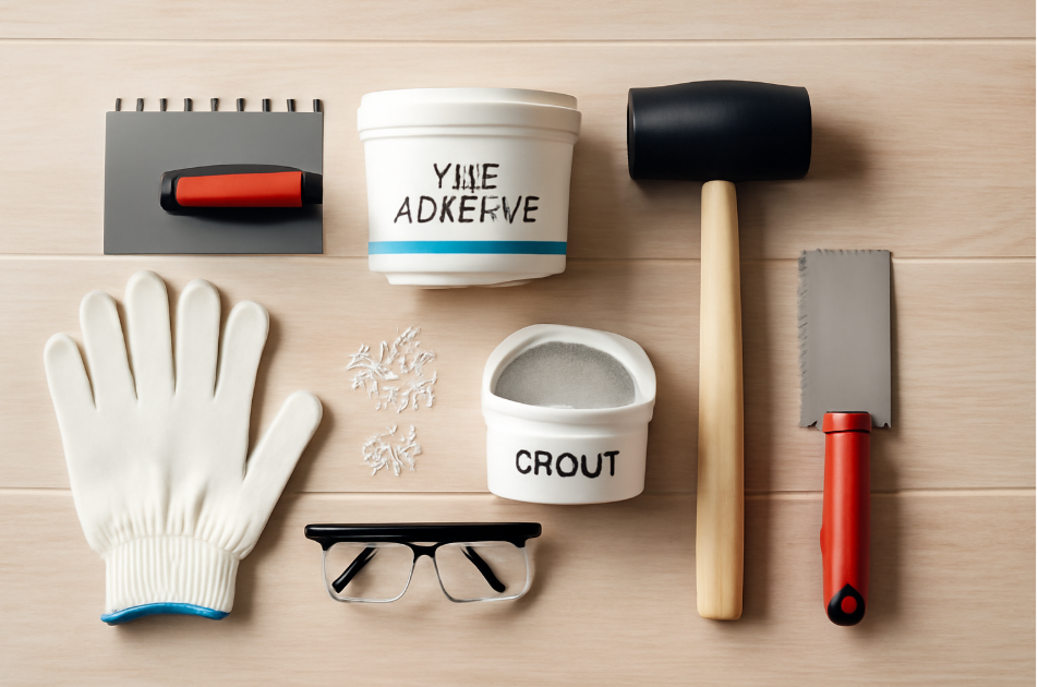 Flat lay of tile repair tools and materials, including a notched trowel, rubber mallet, tile adhesive, grout, tile spacers, safety gloves, and glasses, arranged neatly on a light wooden surface.