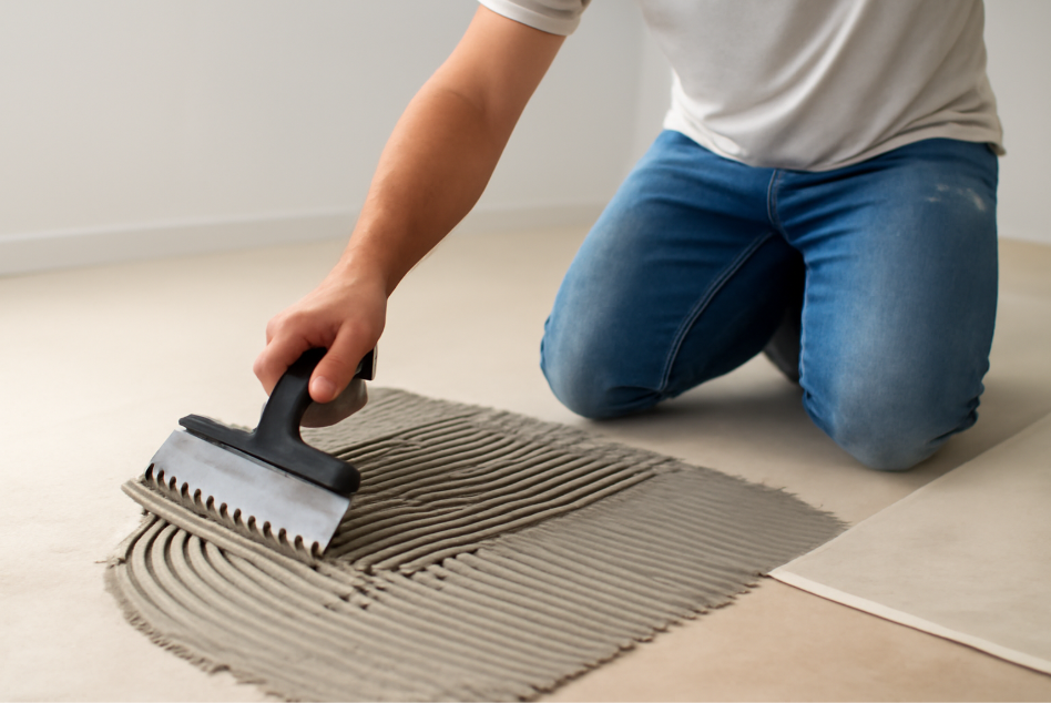 Close-up of a person using a notched trowel to spread tile adhesive evenly across a light beige floor in a well-lit room. The adhesive is applied in even ridges, ready for tile installation
