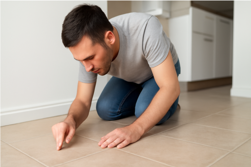 Person inspecting floor tiles for signs of wear and tear, closely examining grout lines and tiles for cracks in a bright, modern home setting."