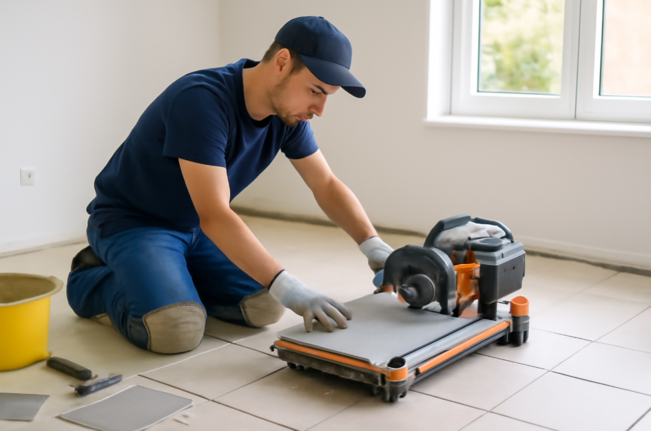 Professional tile installer using a wet saw to cut tiles in a bright, spacious room. The worker, wearing a navy-blue shirt and gloves, is focused on the task in a well-lit home setting with freshly laid tiles."