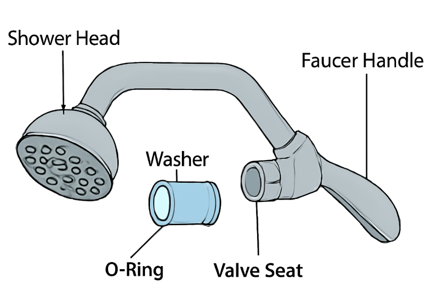 "Illustration of a labeled shower head diagram showing components like the washer, O-ring, valve seat, and faucet handle for easy identification."
