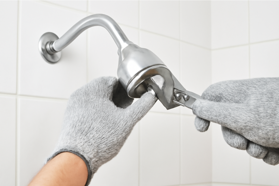 "Close-up of a person wearing gray work gloves, using an adjustable wrench to unscrew a chrome shower head from the shower pipe in a bright bathroom." 