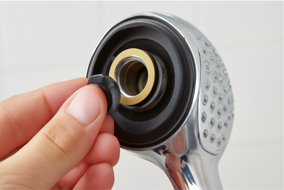Close-up of a hand inspecting the internal components of a shower head, highlighting the O-ring and washers, with attention to wear or damage."