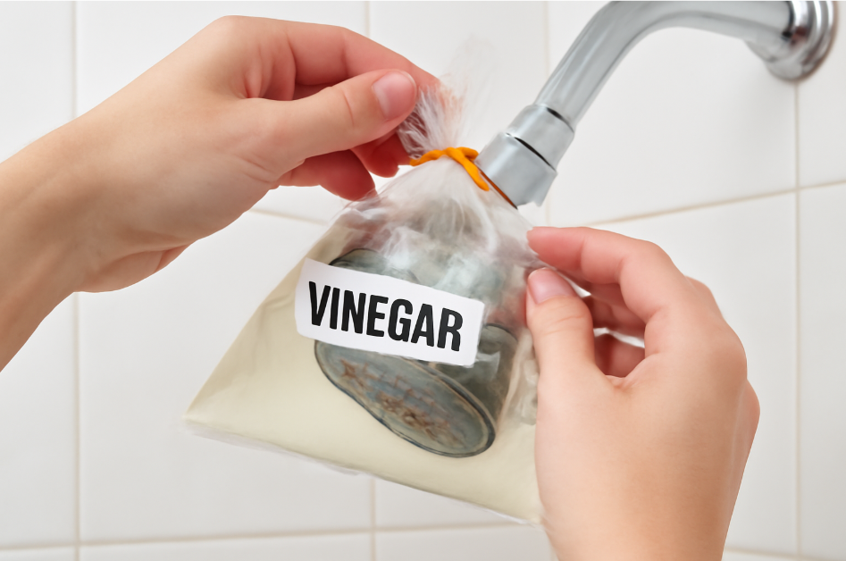"Close-up of a person’s hands tying a plastic bag filled with vinegar around a shower head to soak and dissolve mineral buildup, with a labeled 'VINEGAR' tag."