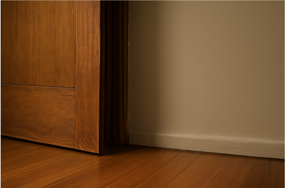 Close-up view of a sagging wooden door scraping the hardwood floor, highlighting visible misalignment, worn-out hinges, and gaps between the door and frame.