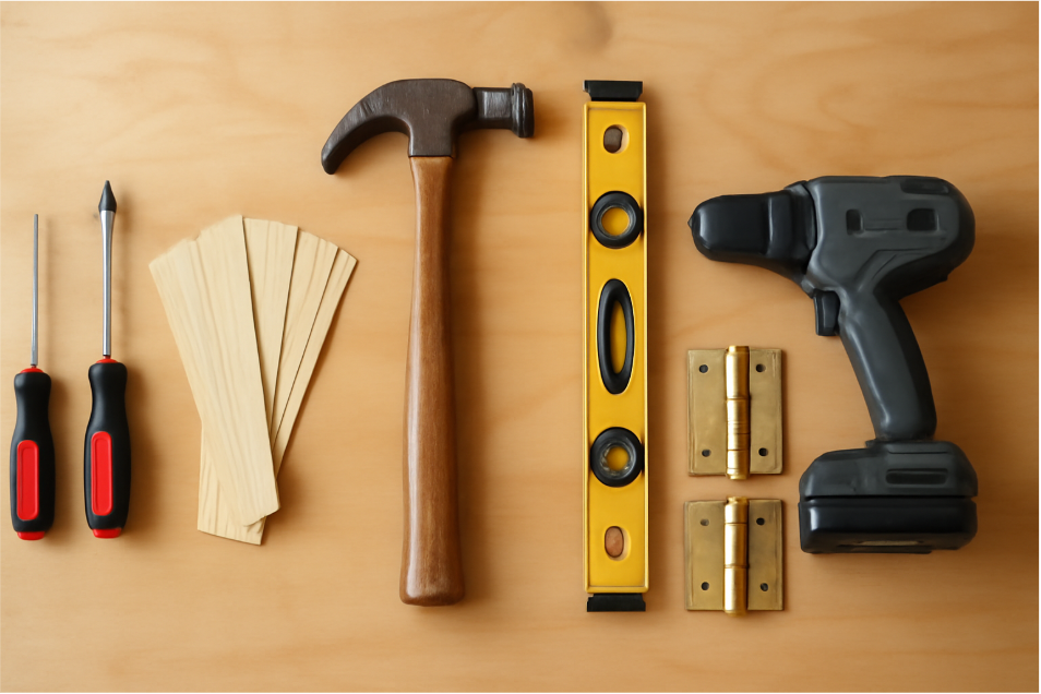 Organized set of tools for repairing a sagging door, including screwdrivers, wood shims, hammer, level, replacement hinges, and a cordless drill, neatly arranged on a workbench."