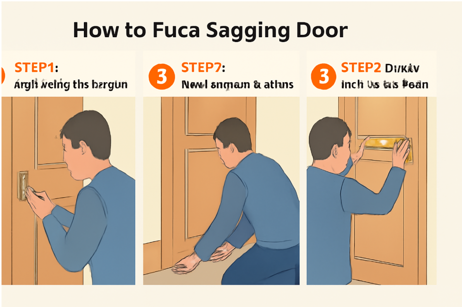 Step-by-step instructional illustration showing a person fixing a sagging door: Step 1 - Tightening hinges, Step 2 - Inserting wood shims, Step 3 - Using a level to check door alignment."