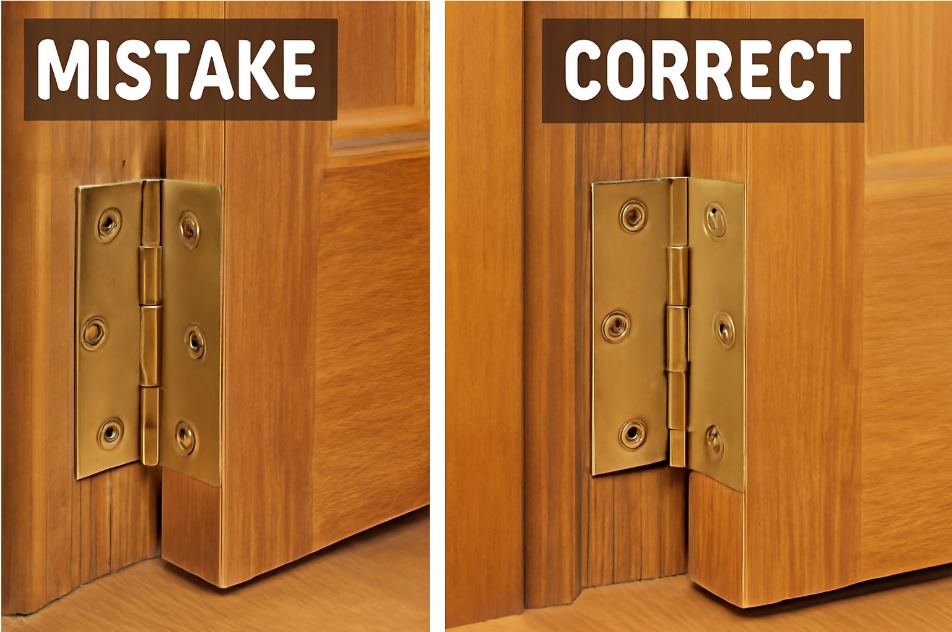 Side-by-side comparison of two wooden doors: one with over-tightened brass hinges causing wood cracks labeled 'MISTAKE' and another with properly tightened hinges showing no damage labeled 'CORRECT'.