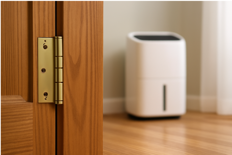Close-up of a well-maintained wooden door with smooth, lubricated brass hinges. A white dehumidifier is visible in the background, helping control humidity.