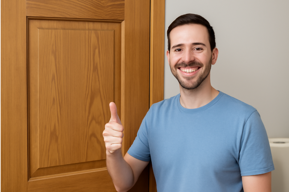 A smiling man standing next to a perfectly aligned wooden door, giving a thumbs-up after successfully fixing a sagging door. The door is in good condition, with smooth hinges and no sagging."