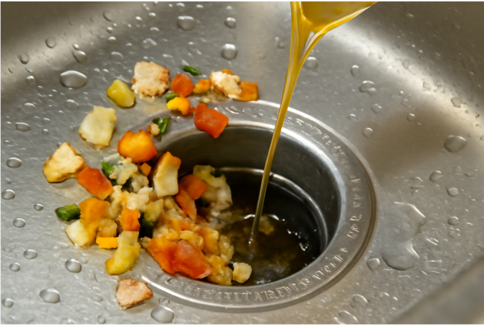 "Close-up of food scraps and cooking grease being washed down a stainless steel kitchen sink, highlighting common causes of garbage disposal clogs." 