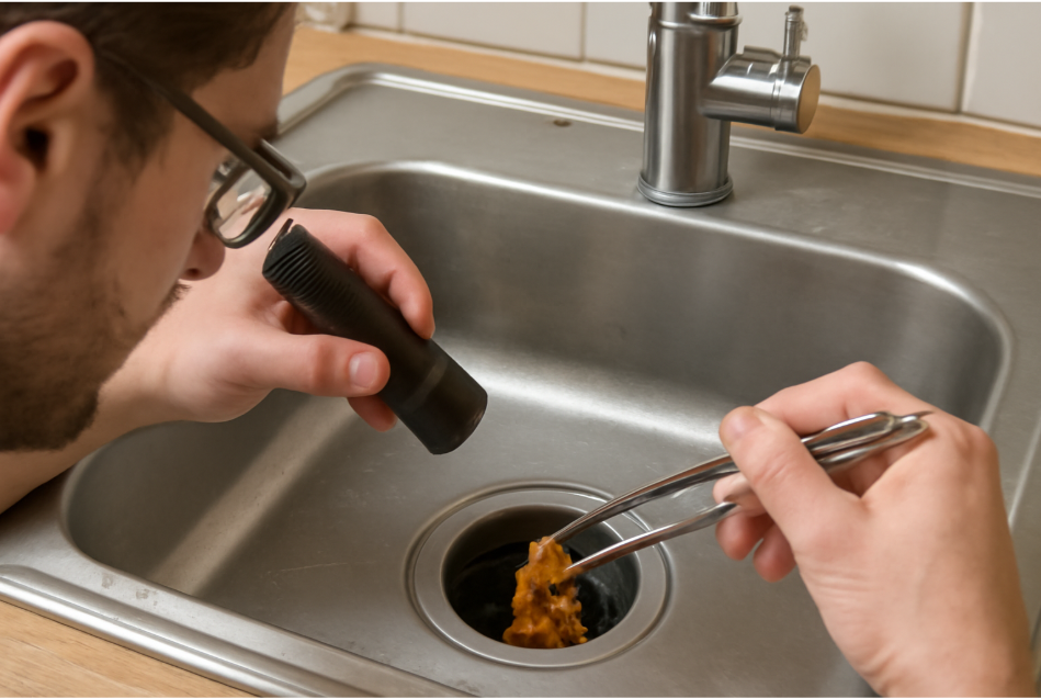 "Person using a flashlight to inspect a garbage disposal for blockages, carefully removing food debris with tongs in a clean kitchen sink." 