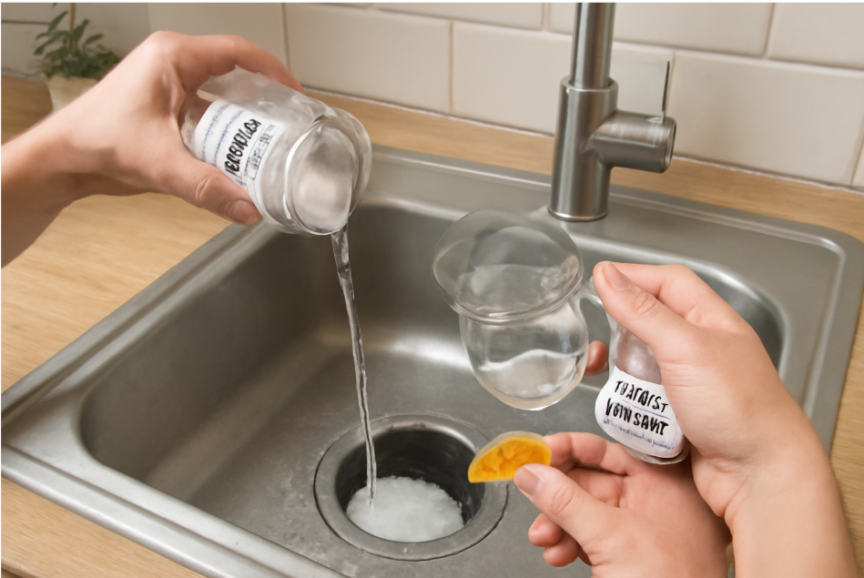 "Person pouring baking soda and vinegar into a garbage disposal, followed by a citrus peel, in a clean and well-lit kitchen sink for maintenance and freshening." 