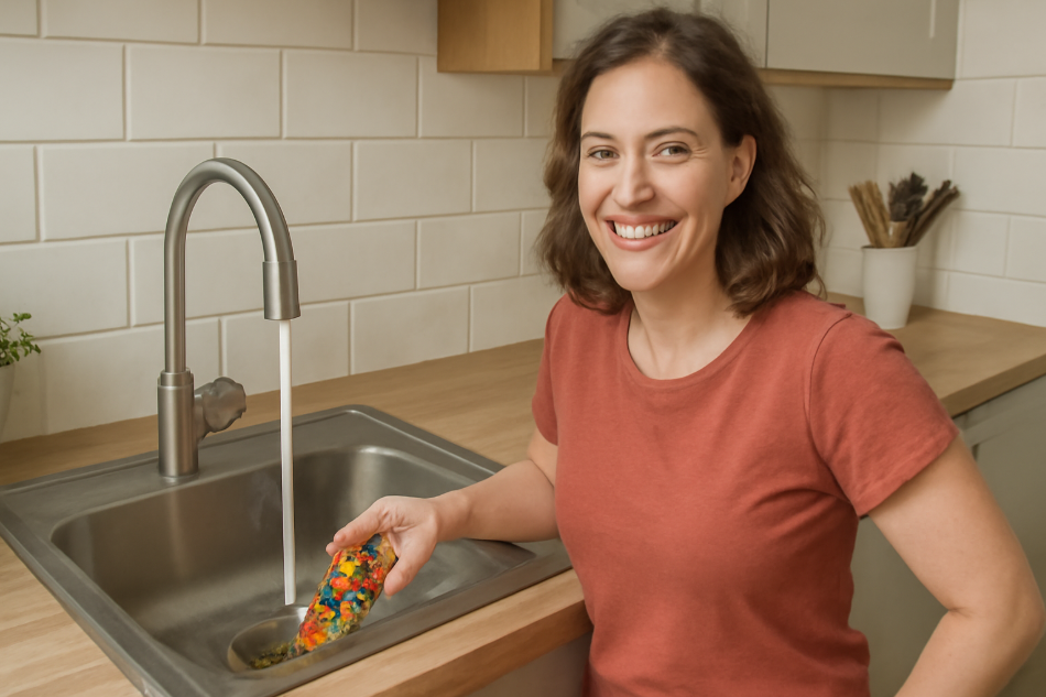 "Smiling woman confidently using a garbage disposal in a clean kitchen, feeding vegetable scraps into the sink with satisfaction and success in maintaining the kitchen." 