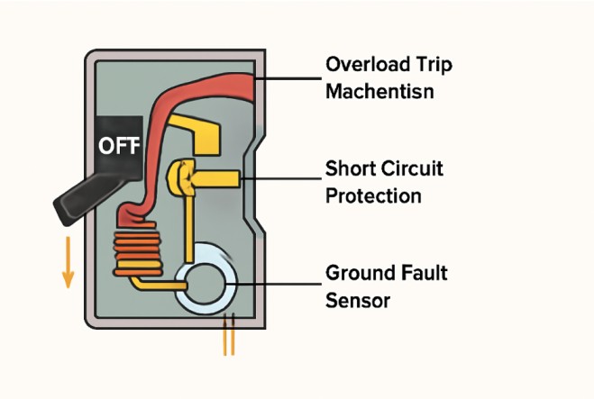 "Detailed 2D diagram of a circuit breaker showing internal components, including the overload trip mechanism, short circuit protection, and ground fault sensor, with labels and arrows indicating the tripping process." 
