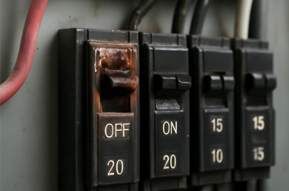 "Close-up of an electrical breaker panel with a tripped 20-amp breaker in the off position, showing visible burn marks and discoloration, indicating signs of damage such as overheating or wear." 