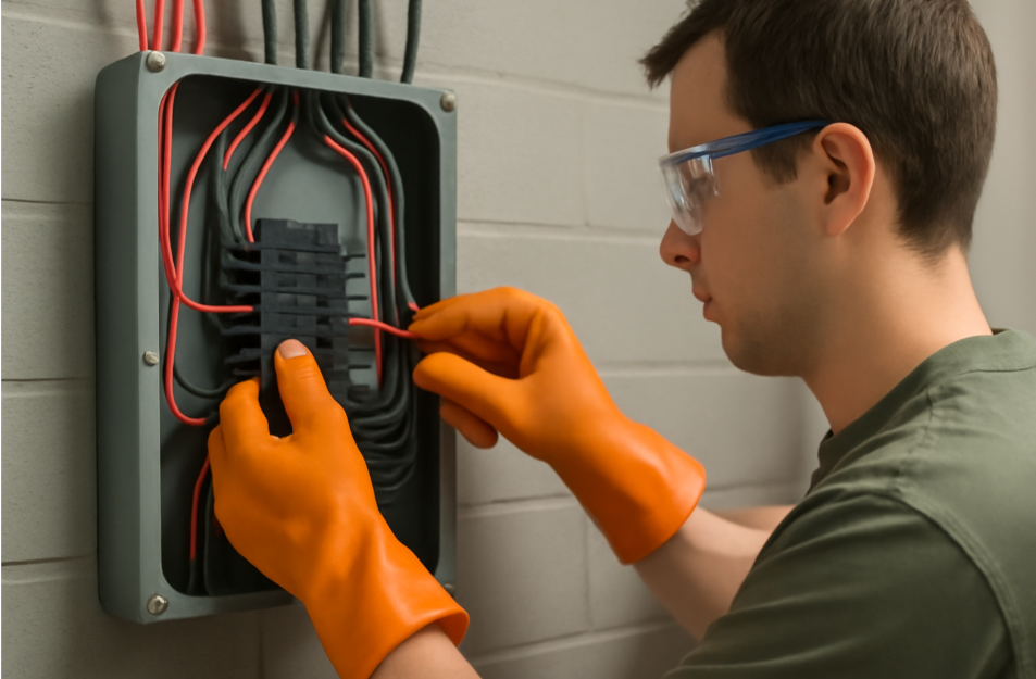 "Electrician wearing insulated gloves and safety goggles, working on an electrical panel with insulated tools, handling wires and circuit breakers in a well-lit, clean workspace." 