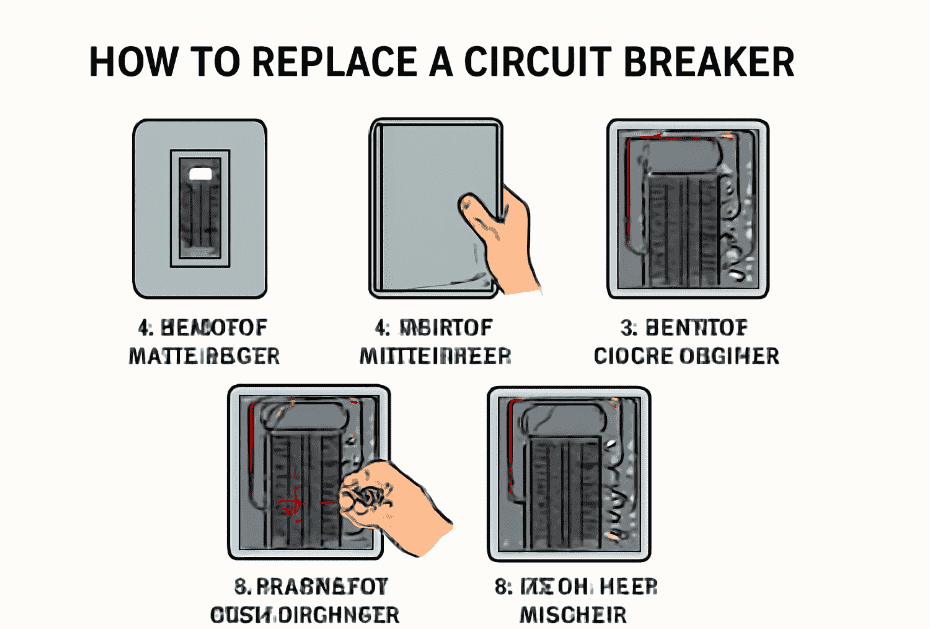 "Step-by-step instructional infographic showing the process of replacing a circuit breaker, including turning off the main power, removing the panel cover, identifying the faulty breaker, disconnecting it, and installing a new one." 