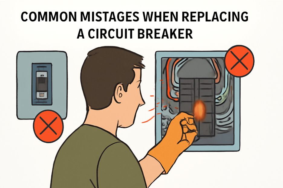 "Illustration showing common mistakes when replacing a circuit breaker, including not turning off the main power and using the wrong breaker type, with visual red flags like sparks and warning symbols." 