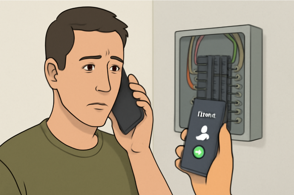 "Homeowner standing near an electrical panel, looking concerned while on the phone with an electrician. The phone screen displays the electrician's contact details, highlighting the need for expert help in a potential electrical issue." 