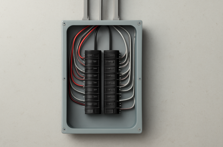 "Clean and organized electrical panel with a newly installed circuit breaker, showcasing neatly arranged wires and a sense of accomplishment and safety after a successful repair." 