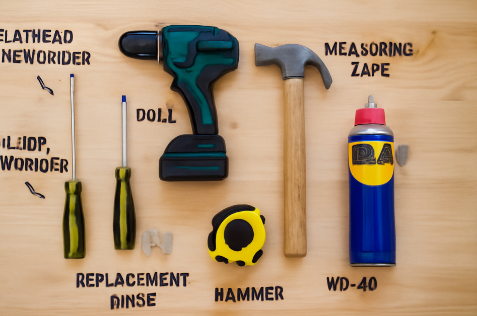 "An organized workbench with labeled tools, including a flathead screwdriver, Phillips screwdriver, cordless drill, hammer, measuring tape, WD-40, and a replacement hinge, arranged neatly on a wooden surface." 
