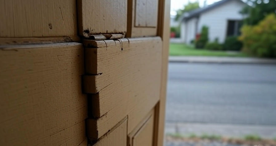 Close-up of a misaligned door with a sagging hinge, showing a visible gap between the door and frame, and damage to the hinge, indicating the need for door repair.