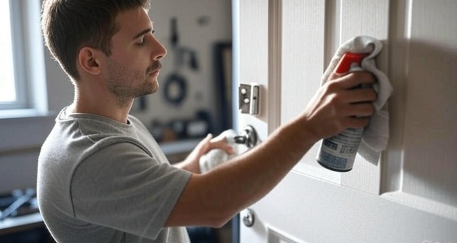 A person applying WD-40 to a door hinge with a clean cloth, demonstrating a proper door maintenance routine to ensure smooth operation and longevity.