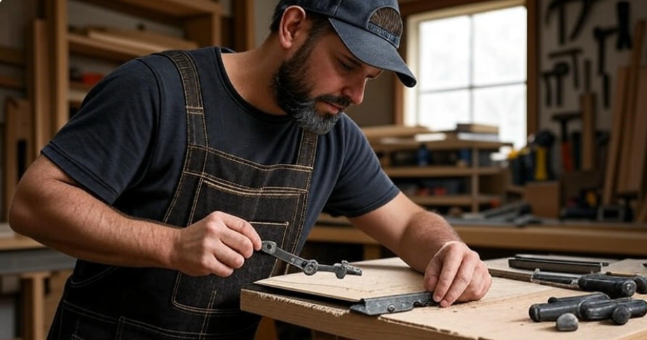 A professional carpenter in a workshop repairing a broken door hinge with specialized tools, highlighting the importance of expert skills for complex door repairs.