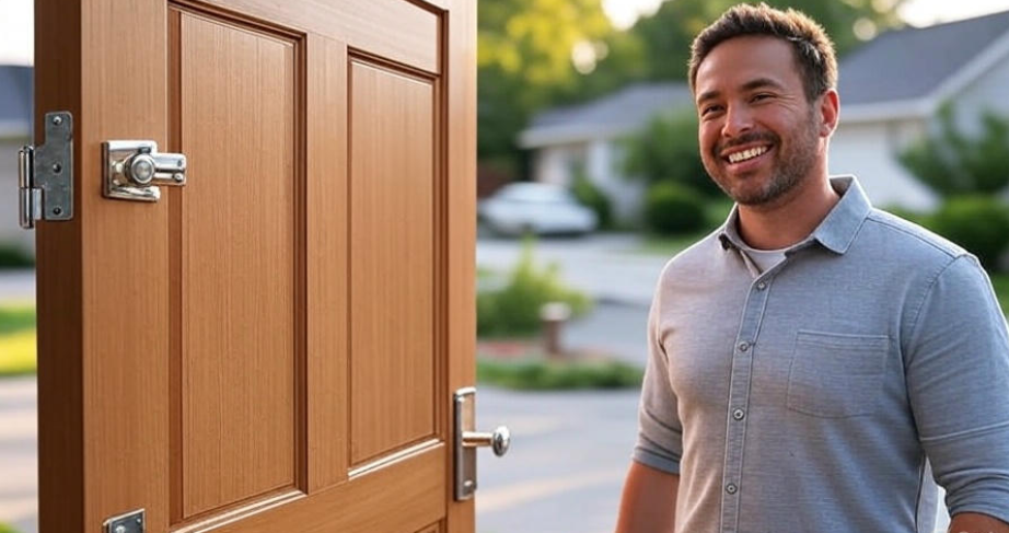 A happy homeowner smiling outside a smooth-operating door with a perfectly repaired hinge, showcasing the successful completion of a door repair project.