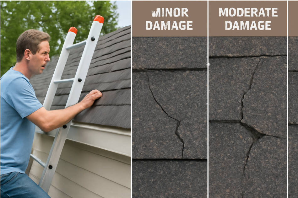 "Split-screen image showing a homeowner inspecting roof damage on a ladder, with close-up views of minor, moderate, and major shingle damage on the right. The homeowner is examining cracked shingles on a single-story house, while the right side highlights different levels of damage to the roof for comparison."







