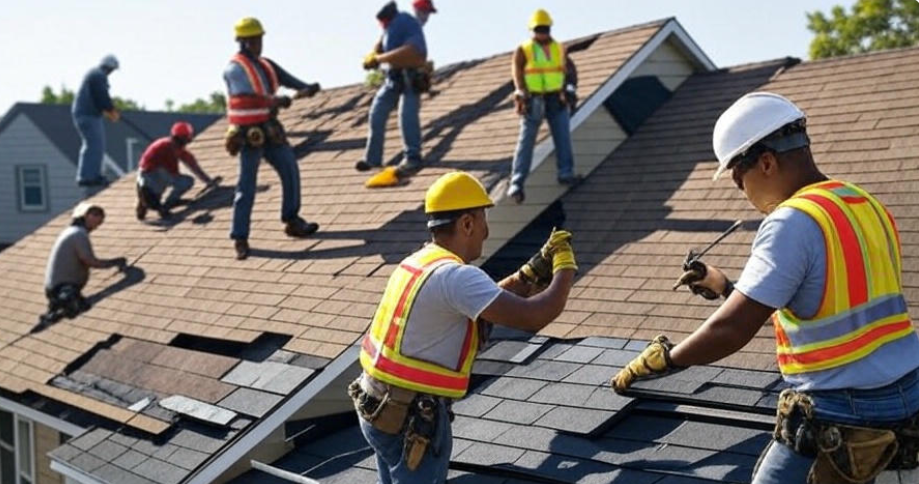 Professional roofers repairing a damaged roof with missing shingles, using tools and wearing safety gear including helmets and vests