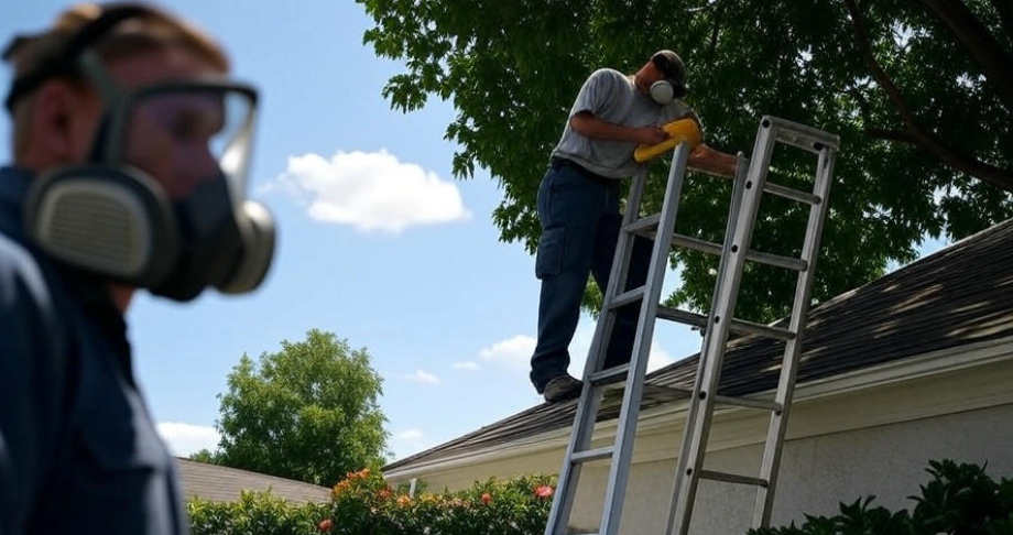 Homeowner cleaning gutters with a ladder and safety gear, while another person applies protective coating to the roof, sunny day with clear skies,
