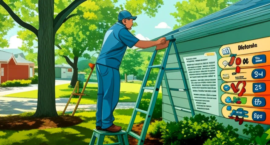 "Infographic-style image of a homeowner cleaning gutters with a ladder, featuring cost comparisons for minor, moderate, and major roof repairs with price tags and symbols like shingles, tools, and a calculator