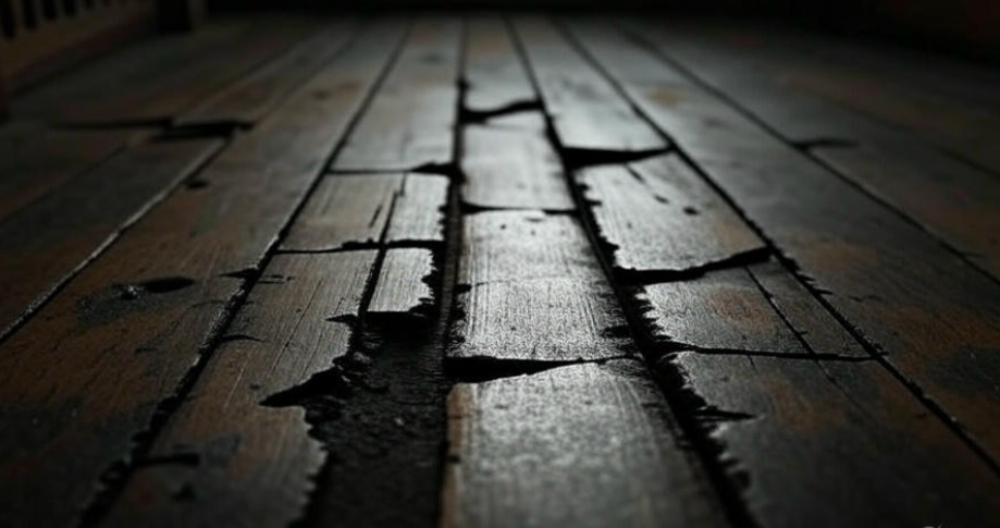 Close-up of damaged wooden floorboards with visible cracks, warping, water stains, and termite holes, showcasing realistic and detailed wood damage