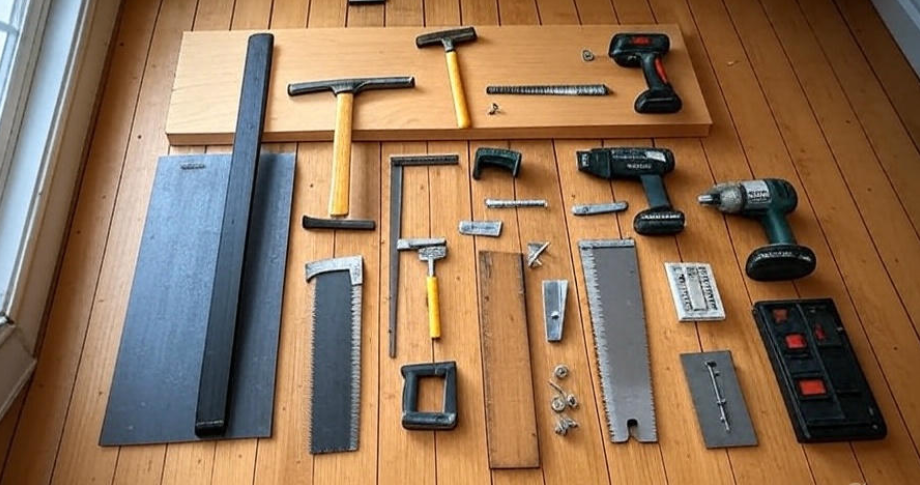 Organized layout of DIY tools and materials for replacing a floorboard, including hammer, pry bar, tape measure, saw, replacement floorboard, screws, wood filler, and drill, neatly arranged on a wooden floor
