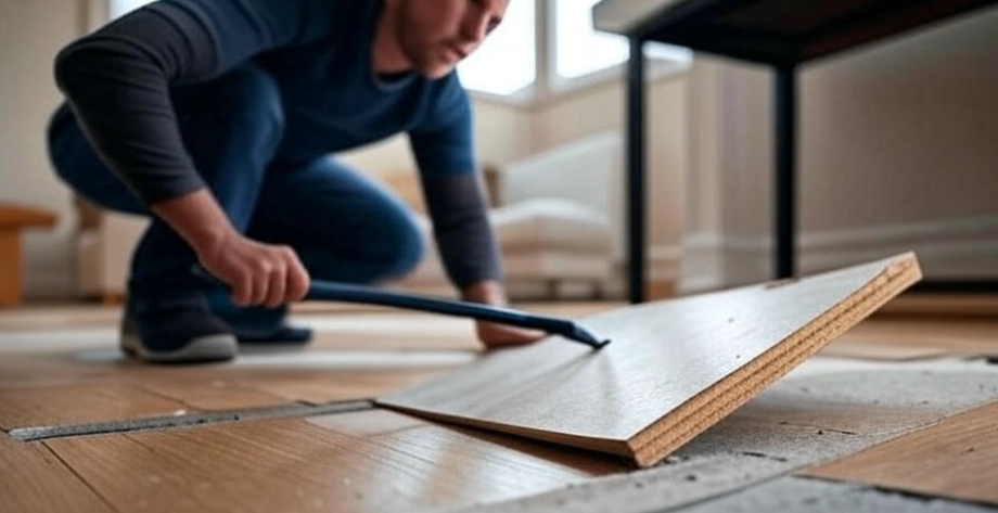 Person using a pry bar to carefully remove a damaged floorboard in a well-lit living room, with a focus on the action of lifting the board, showcasing a partially removed wooden floor