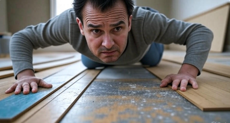 Person with a stressed expression measuring a floorboard incorrectly, showing an obvious mismatch in size or wrong board type, highlighting a DIY flooring mistake