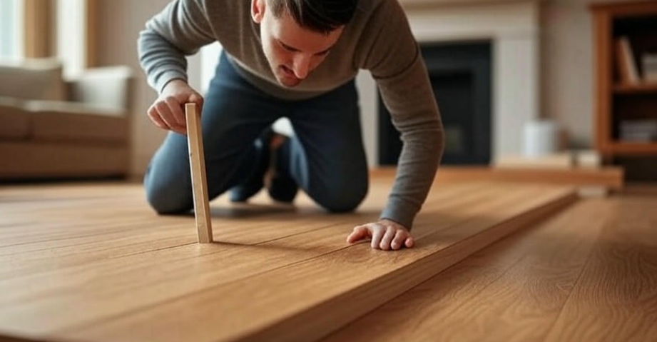 Person cleaning a wooden floor with a soft brush, focusing on maintaining a freshly replaced floorboard in a cozy living room, highlighting floor care