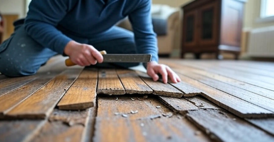 "Professional flooring expert inspecting and repairing multiple damaged floorboards in a home, using specialized tools to highlight expertise in floor damage repair,