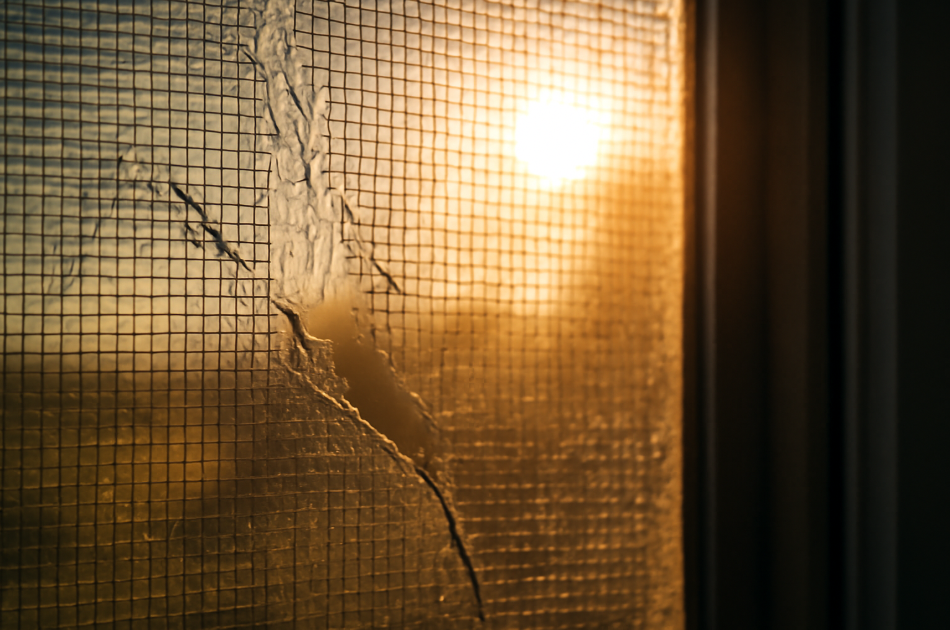 Close-up of a window screen showing brittleness and wear under the sun with a visible tear and sunlight creating a warm, golden glow through the mesh."





