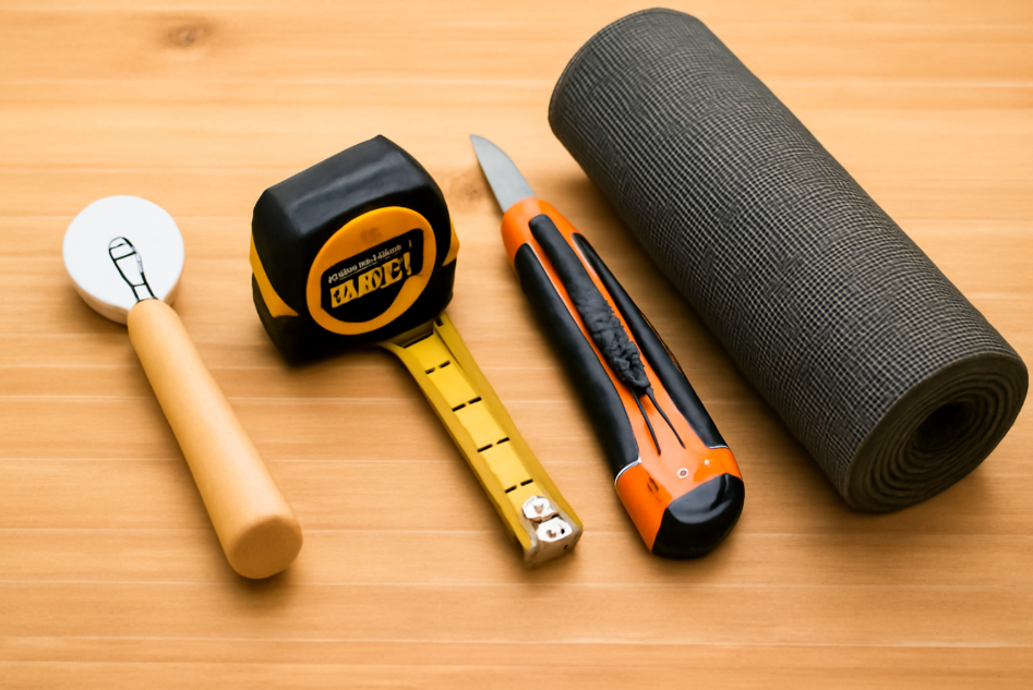 "A collection of DIY tools for repairing a broken window screen, including a spline roller, measuring tape, utility knife, and replacement mesh, neatly arranged on a wooden workbench."





