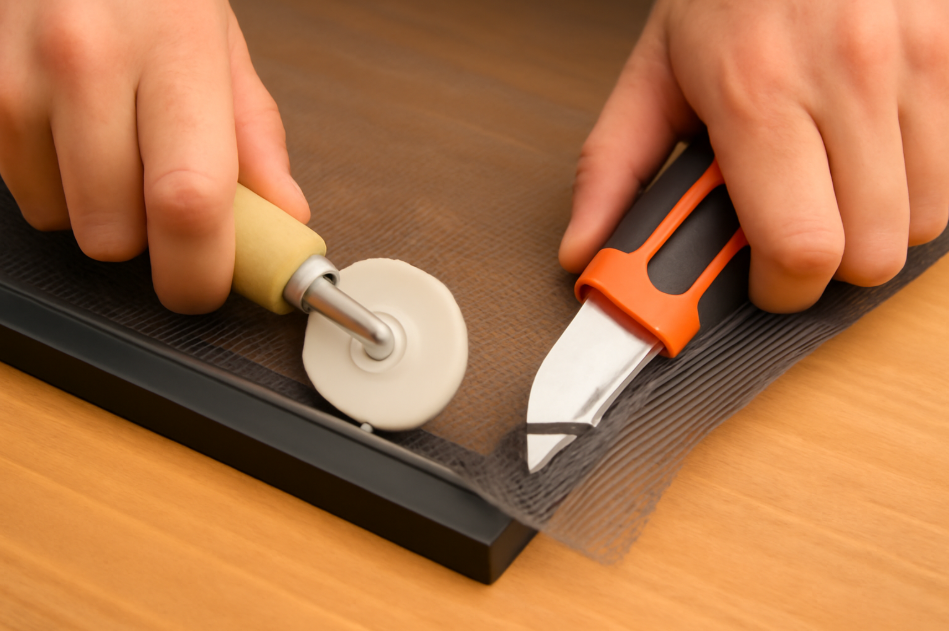 Close-up of a person using a spline roller to press mesh into a window screen frame and trimming excess mesh with a utility knife during a DIY screen repair."