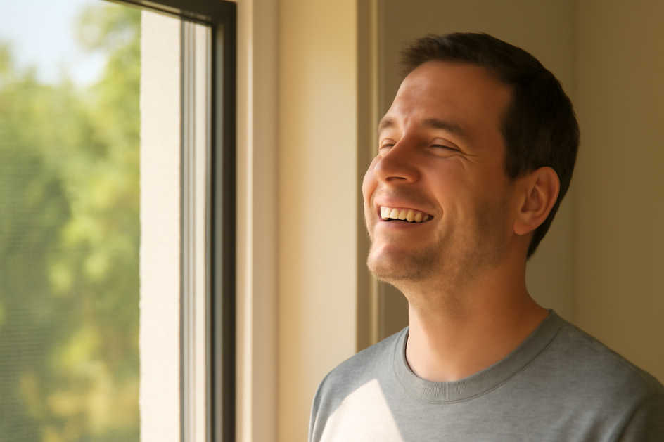 A happy homeowner enjoying the fresh air through a newly repaired window screen, with sunlight streaming in and a sense of accomplishment."